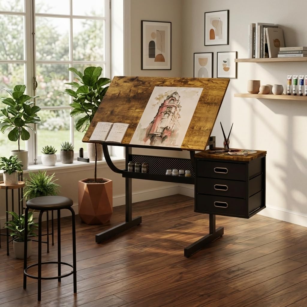 Wood Tilt Art Desk With Stool Three Drawers