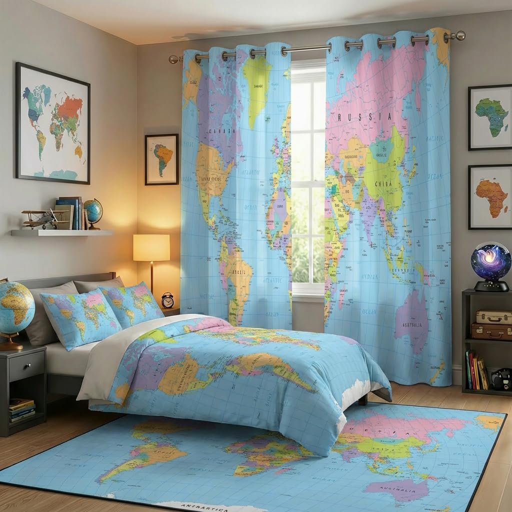 Colorful World Map Blackout Window Curtain Panels