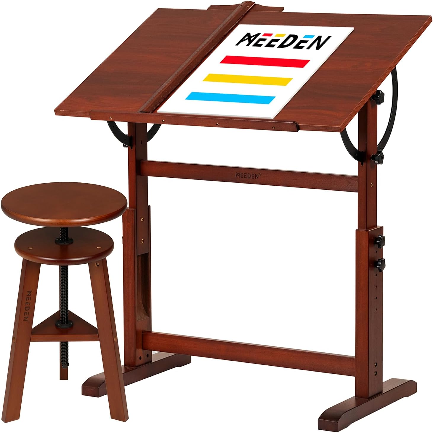 Vintage Wood Tilt Drafting Desk Stool Set