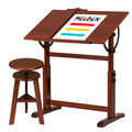 Vintage Wood Tilt Drafting Desk Stool Set