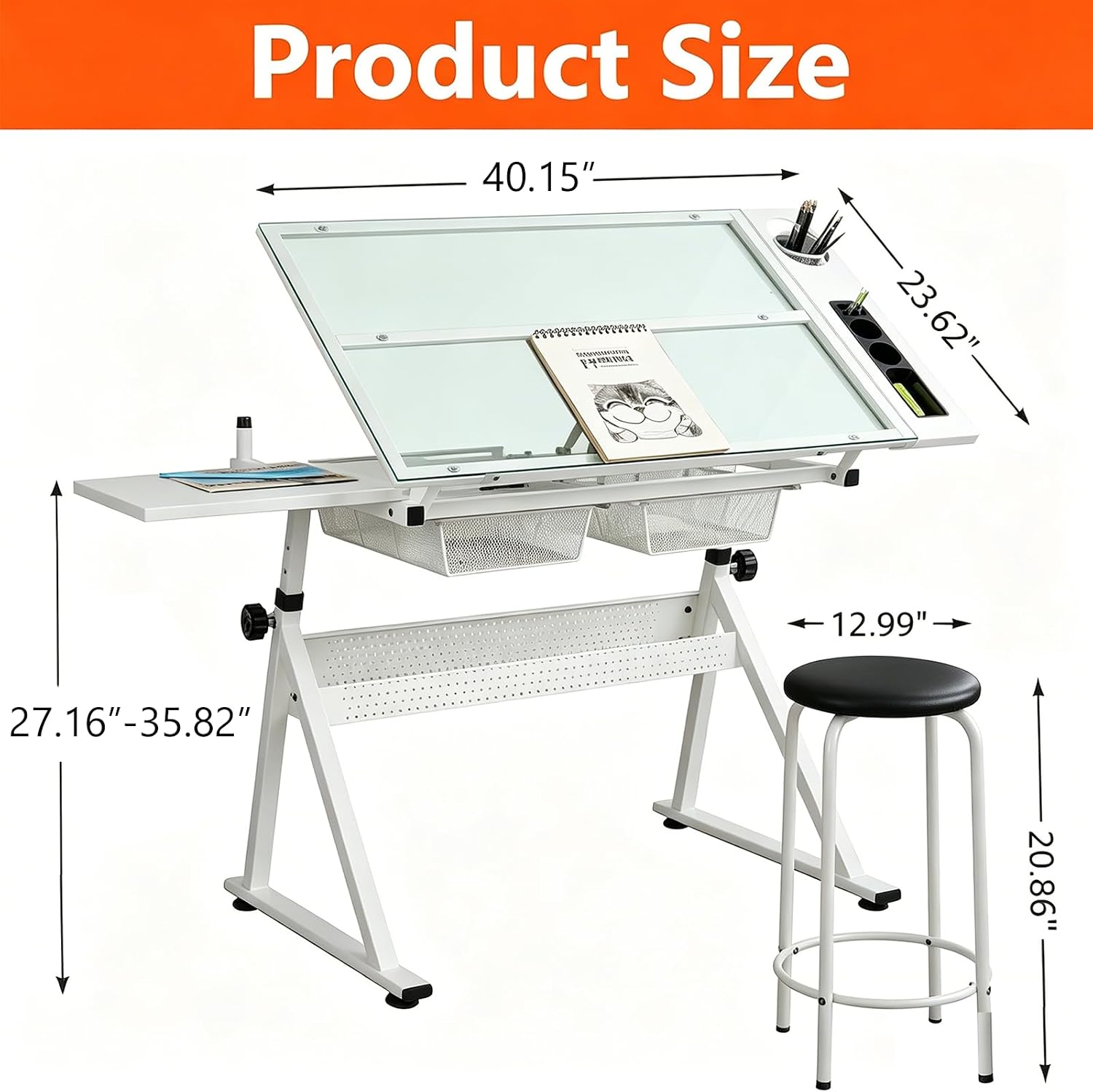 White Height Adjustable Glass Drafting Desk