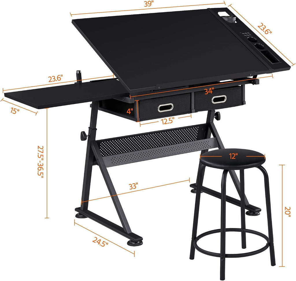 Adjustable Black Art Desk With Drawers Stool