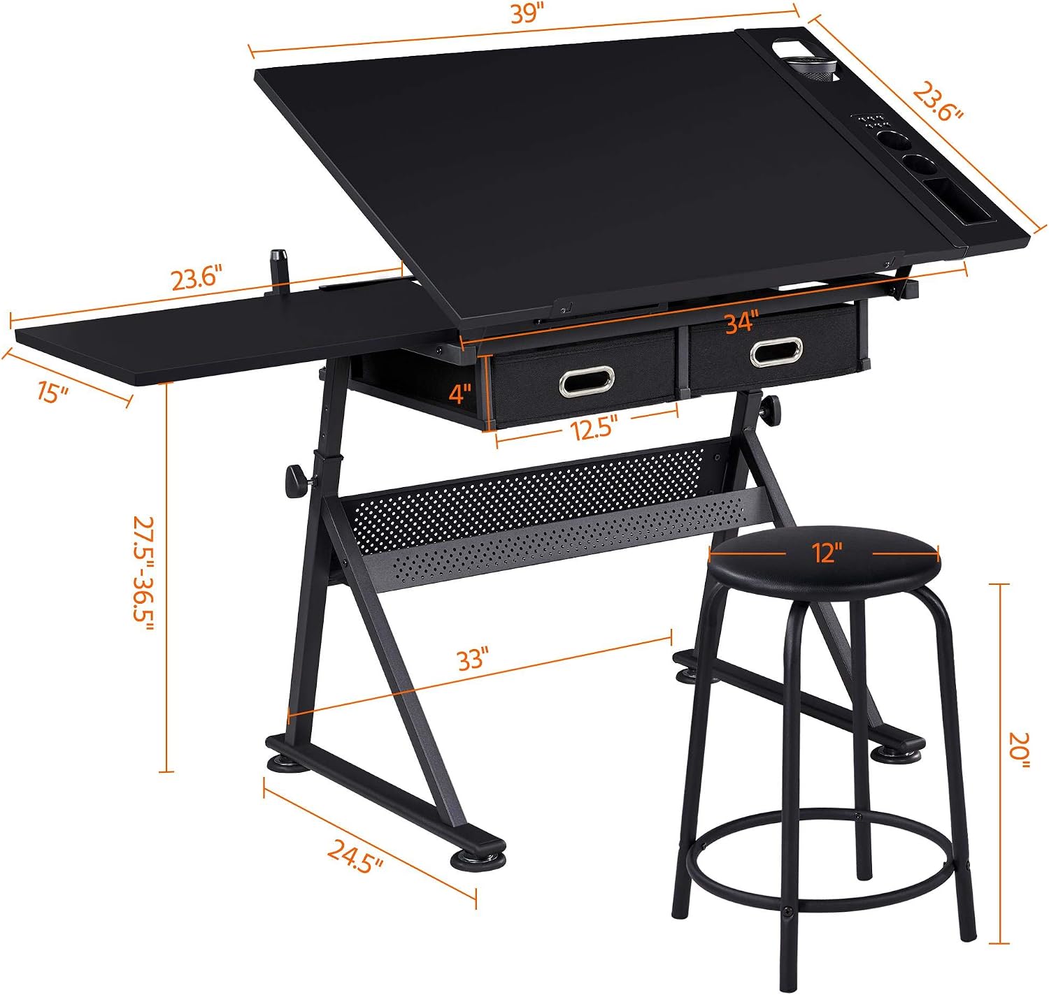 Adjustable Black Art Desk With Drawers Stool