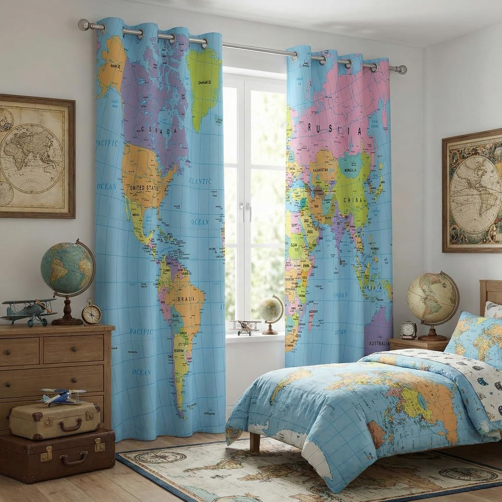 Colorful World Map Blackout Window Curtain Panels
