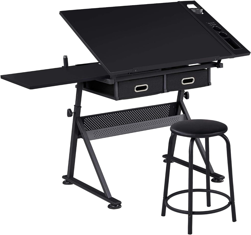 Adjustable Black Art Desk With Drawers Stool