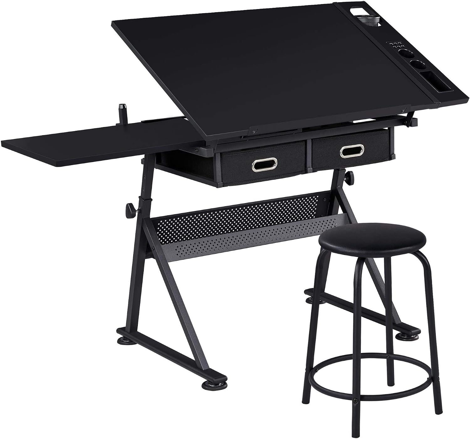 Adjustable Black Art Desk With Drawers Stool