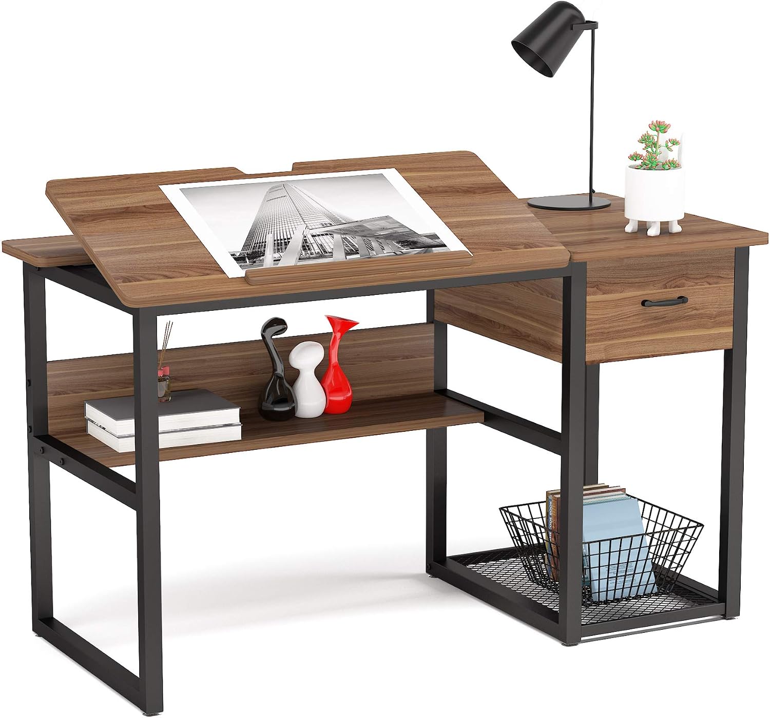 Tiltable Artist Desk With Drawers Shelves