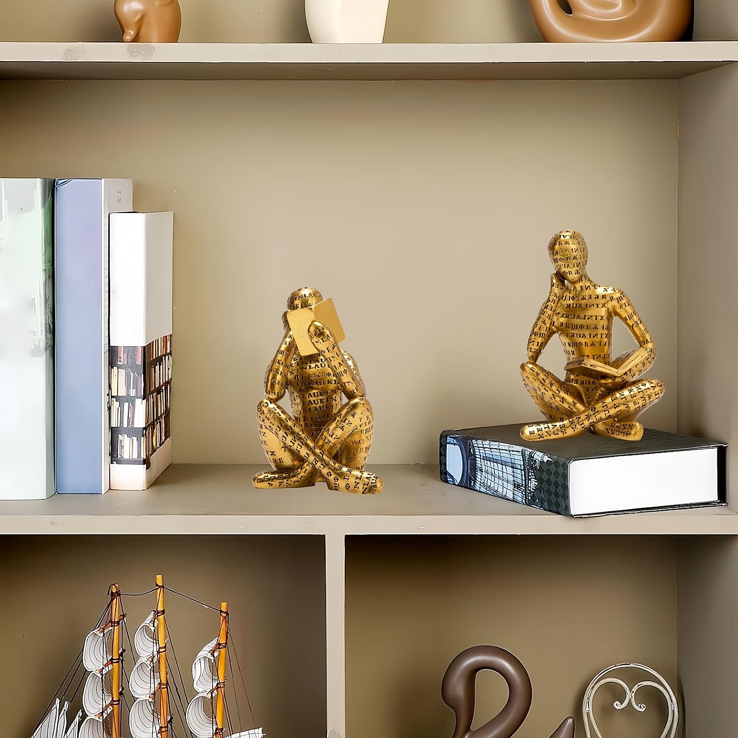 Gold Thinker Sculpture Bookshelf Home Decor Figurines