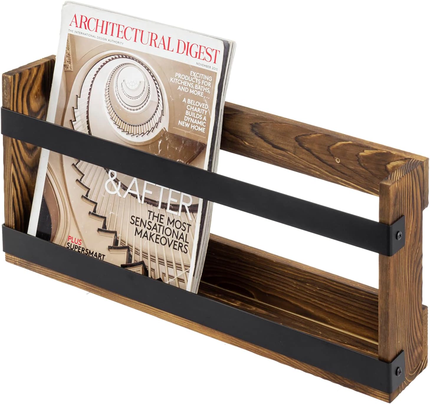 Rustic Wood Metal Magazine Storage Rack