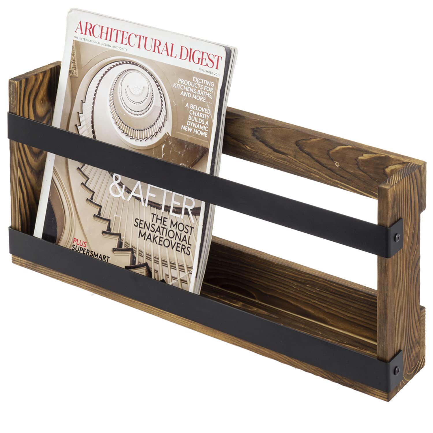 Rustic Wood Metal Magazine Storage Rack