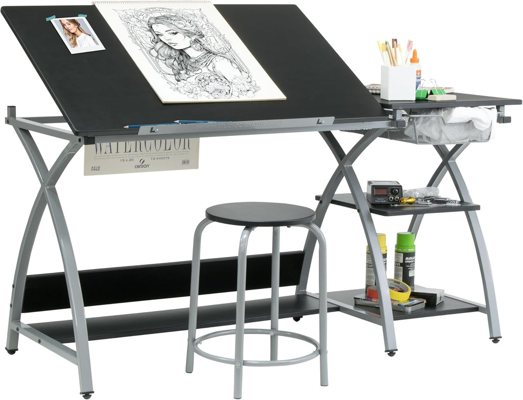 Tilting Steel Art Desk With Stool Storage
