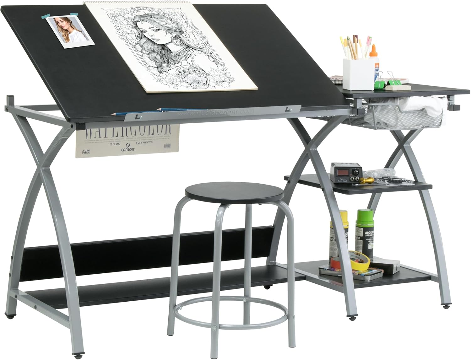 Tilting Steel Art Desk With Stool Storage