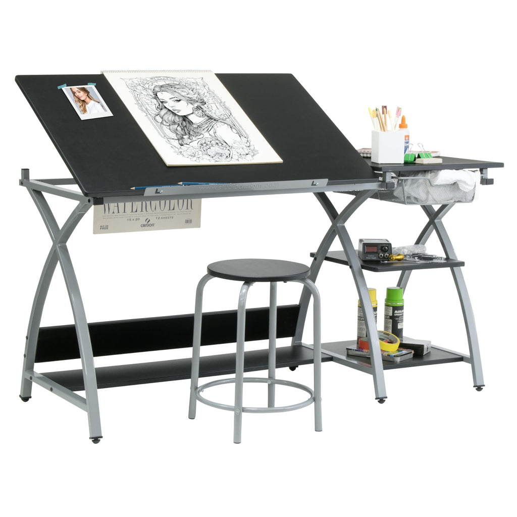 Tilting Steel Art Desk With Stool Storage
