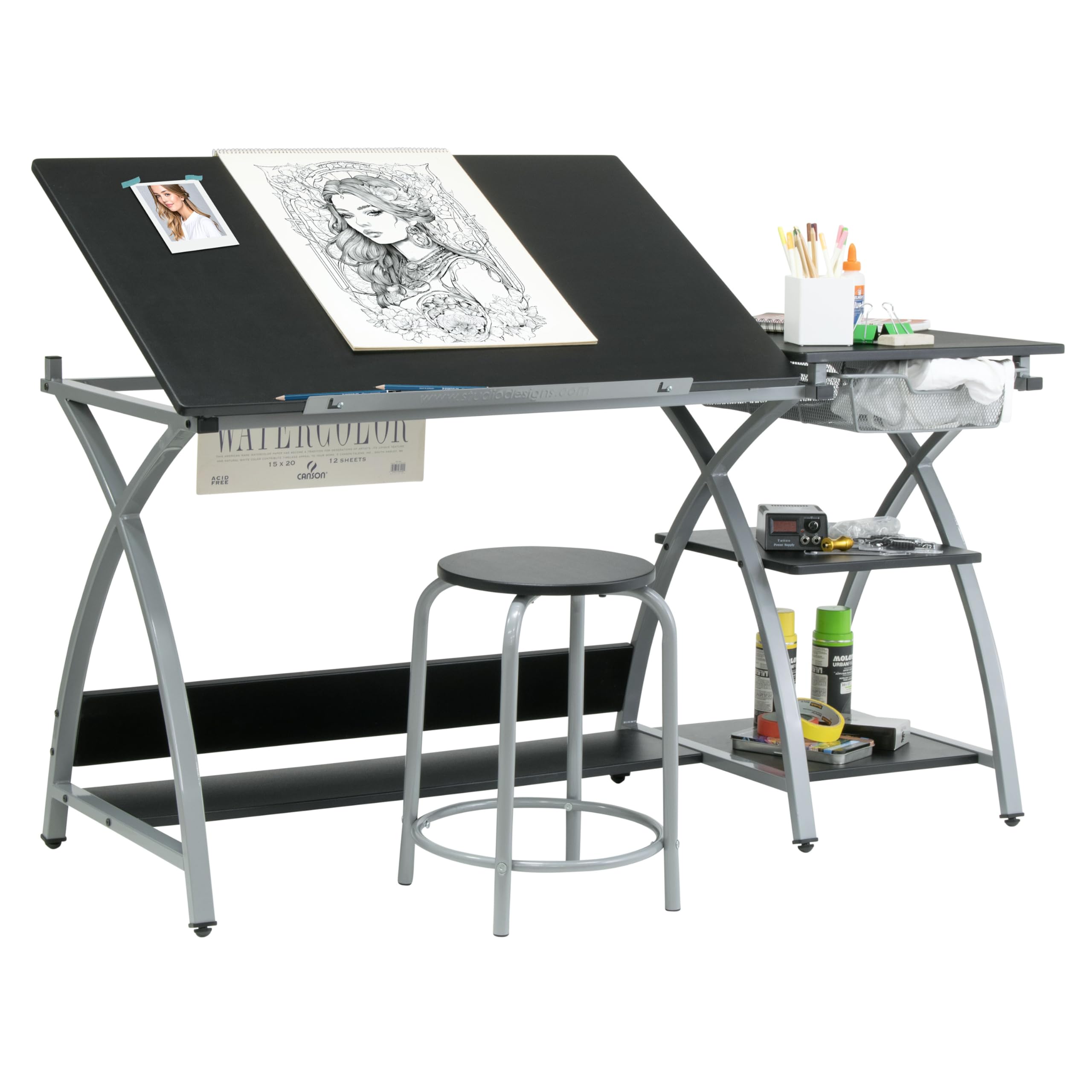 Tilting Steel Art Desk With Stool Storage