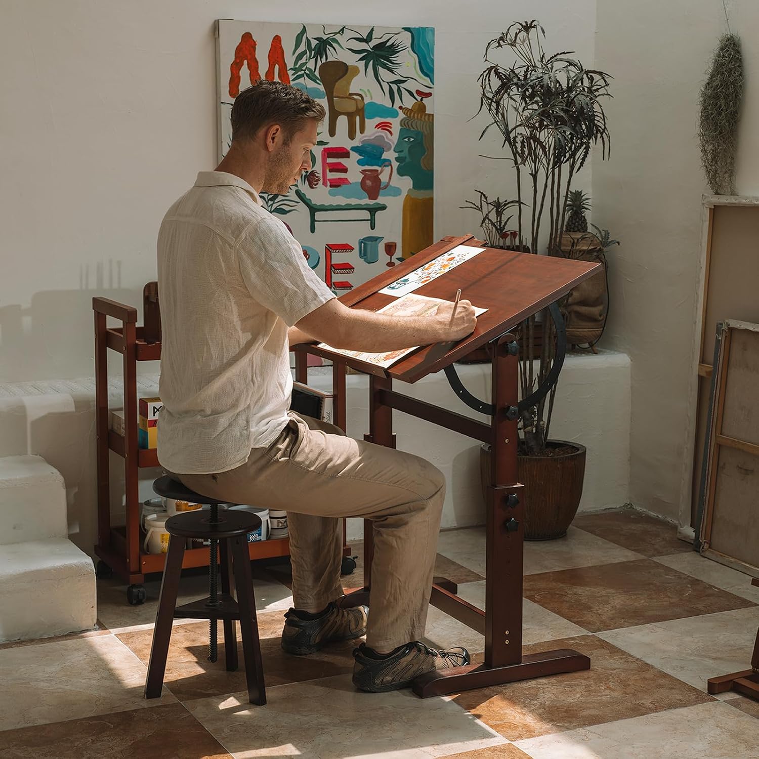 Vintage Wood Tilt Drafting Desk Stool Set