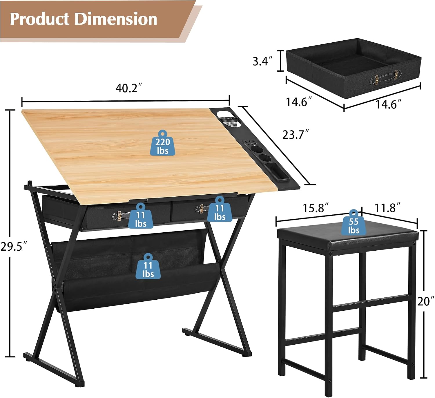 Natural Tilt Art Desk With Drawers Stool