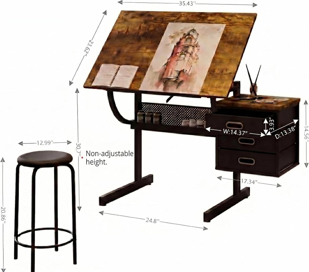 Wood Tilt Art Desk With Stool Three Drawers
