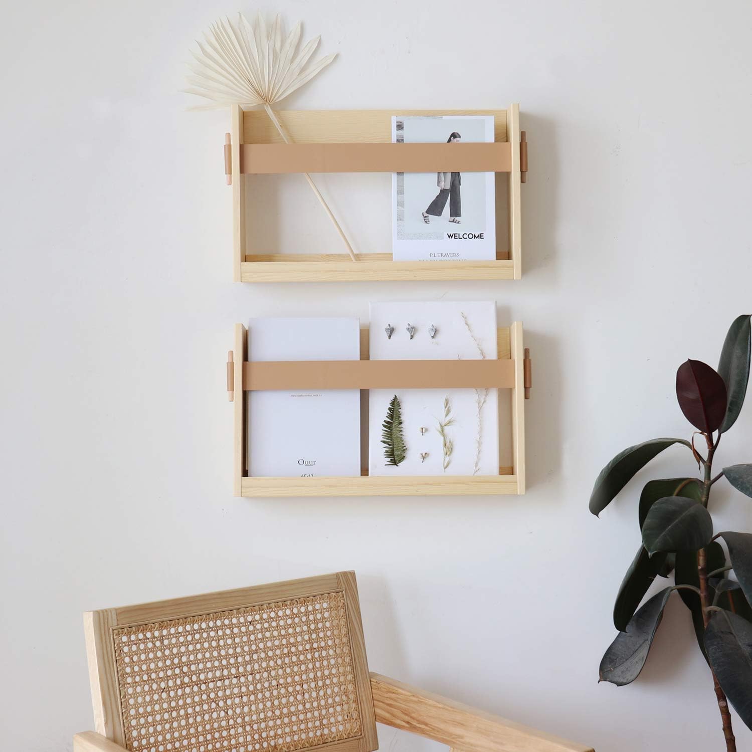 Wood Leather Strap Wall Magazine File Holder