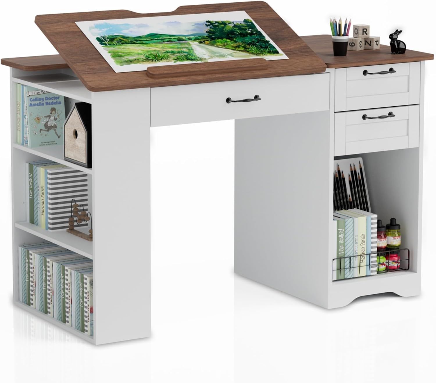 Adjustable Art Drafting Desk With Storage Cabinet
