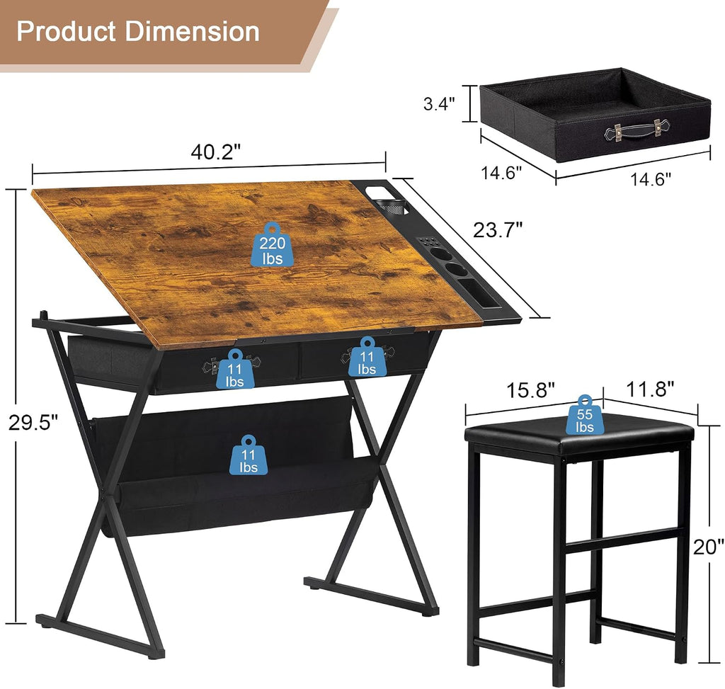 Rustic Brown Tilt Desk With Drawers Stool