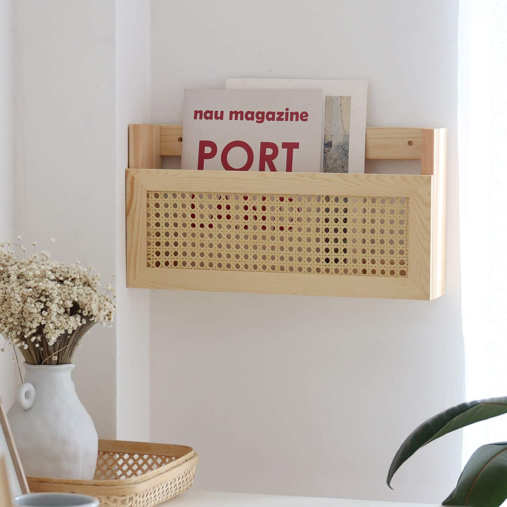 Wood Rattan Wall Mount Magazine File Holder