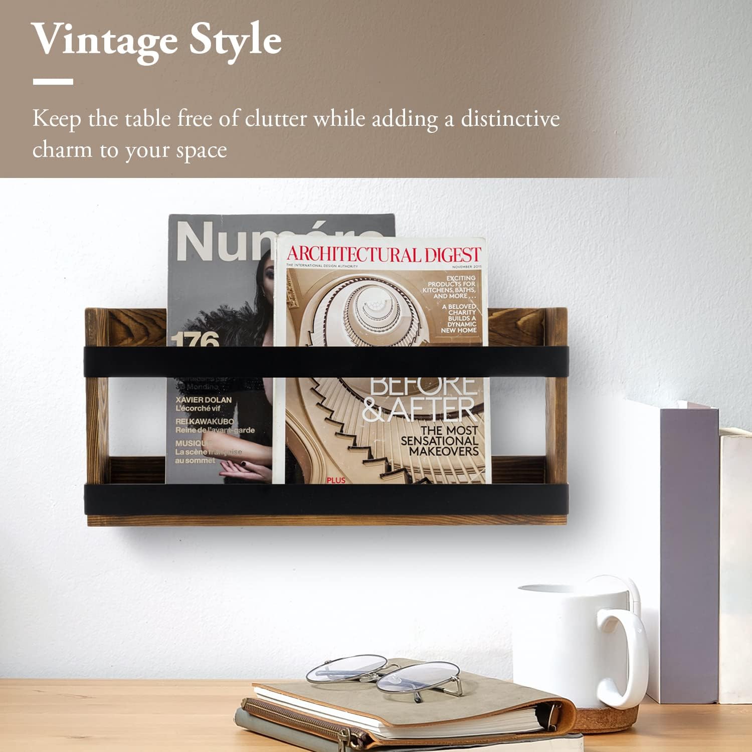 Rustic Wood Metal Magazine Storage Rack