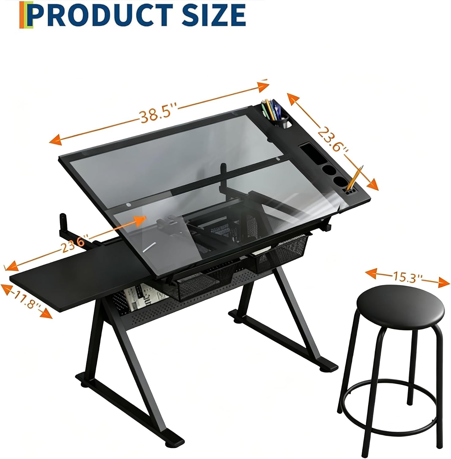 Black Tilting Glass Desk With Stool Drawers