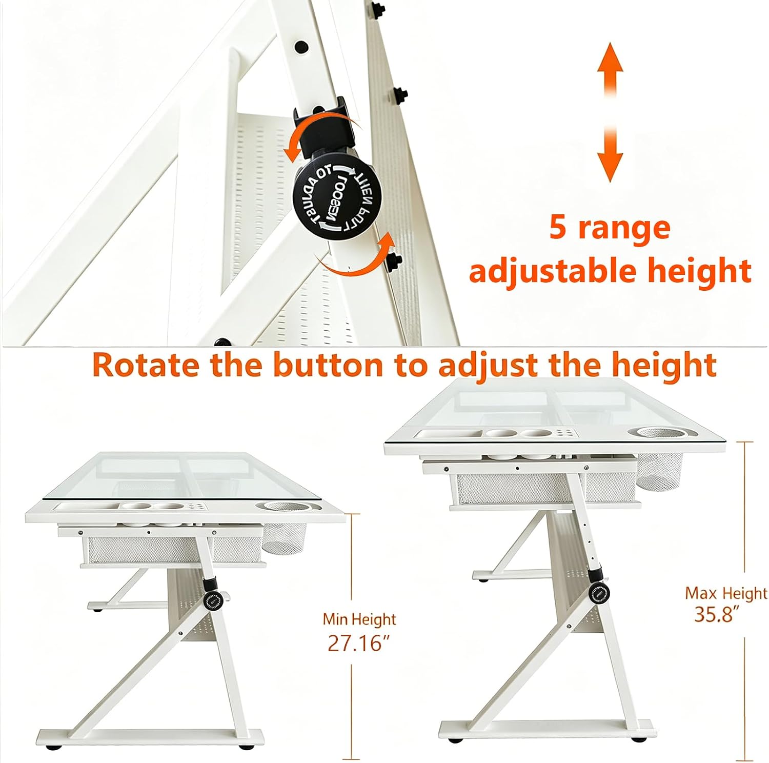 White Height Adjustable Glass Drafting Desk