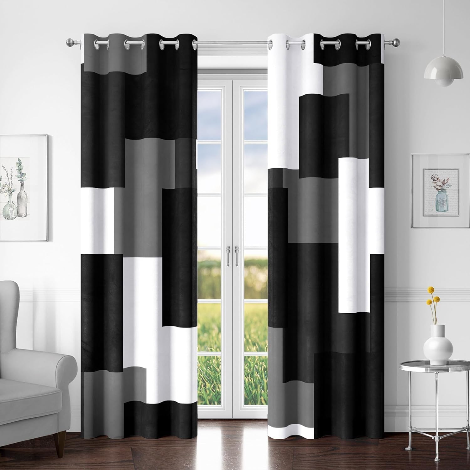 Grey Geometric Blackout Window Curtain Panels