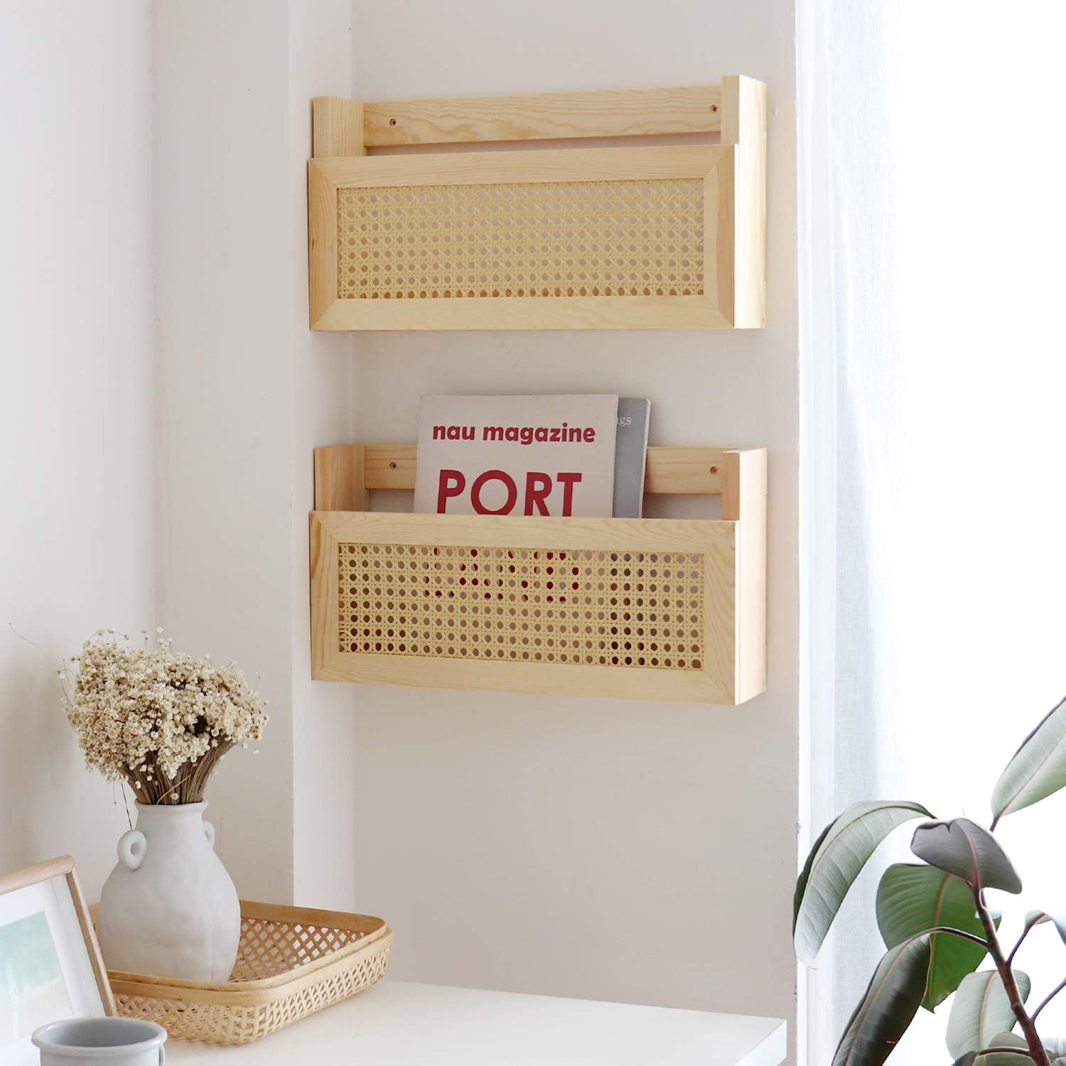 Wood Rattan Wall Mount Magazine File Holder