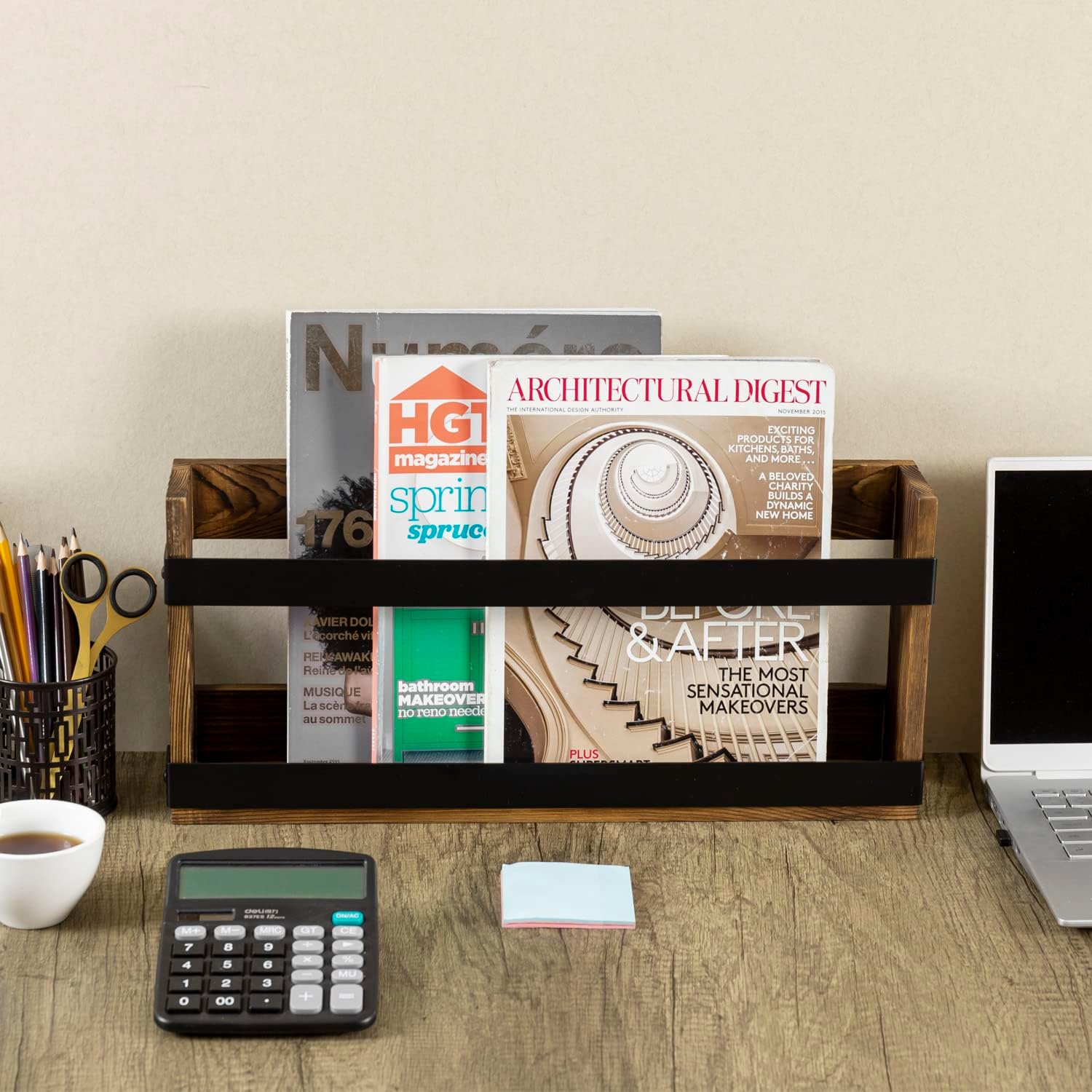 Rustic Wood Metal Magazine Storage Rack
