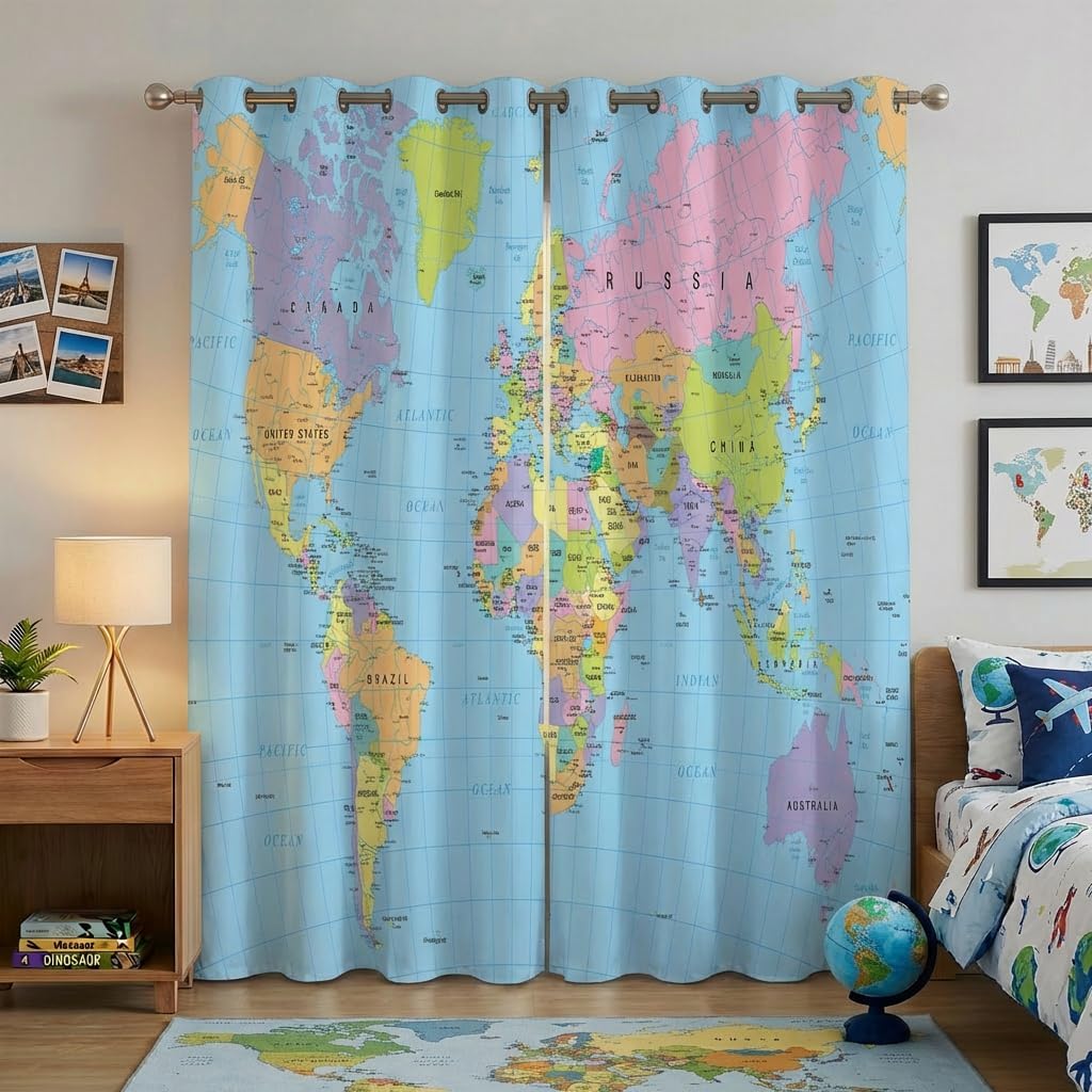 Colorful World Map Blackout Window Curtain Panels
