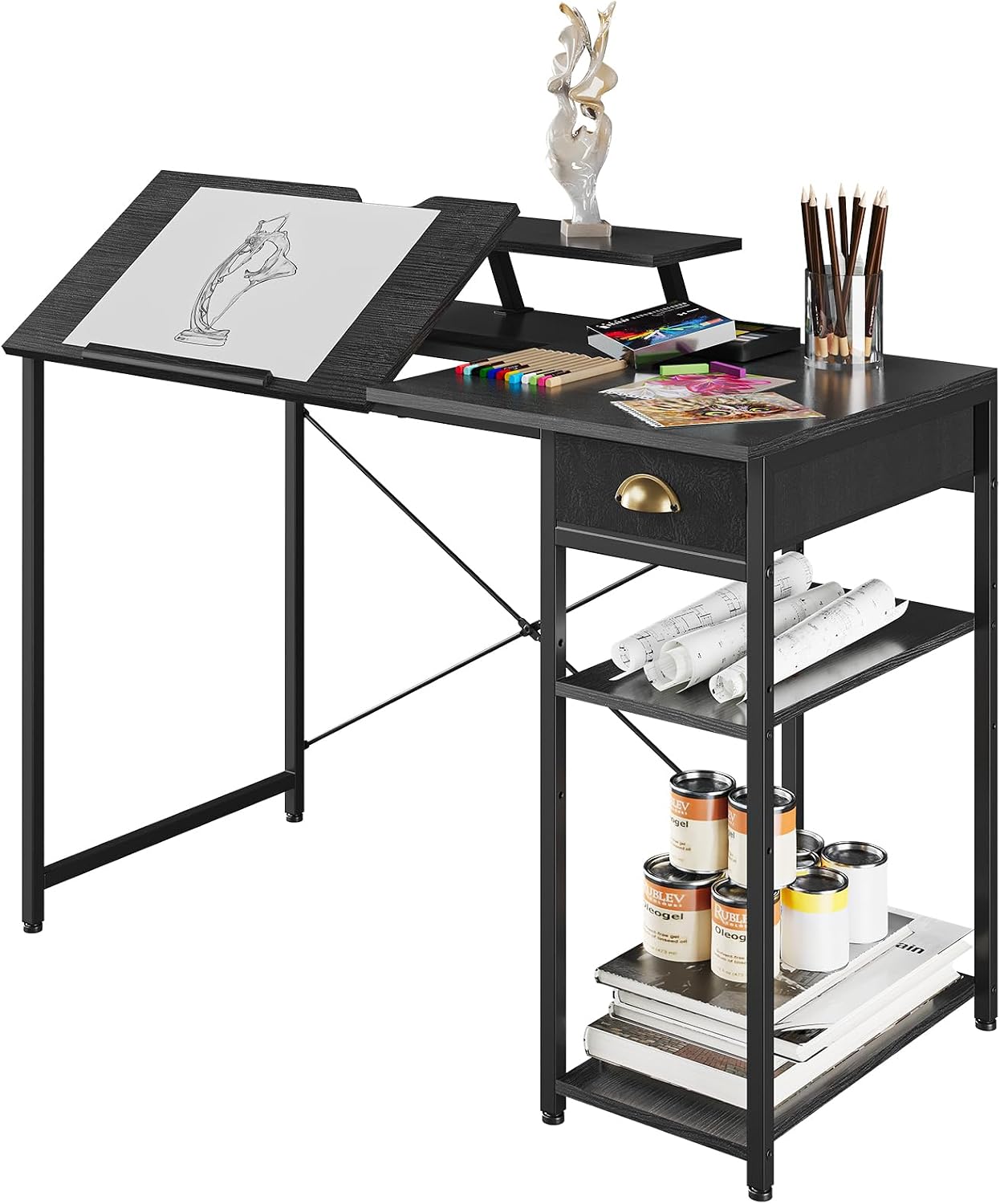 Adjustable Tilt Art Drafting Desk With Storage