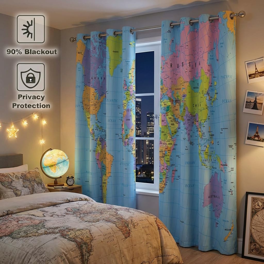 Colorful World Map Blackout Window Curtain Panels