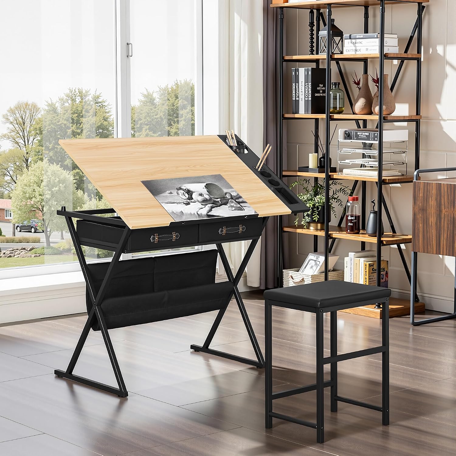Natural Tilt Art Desk With Drawers Stool