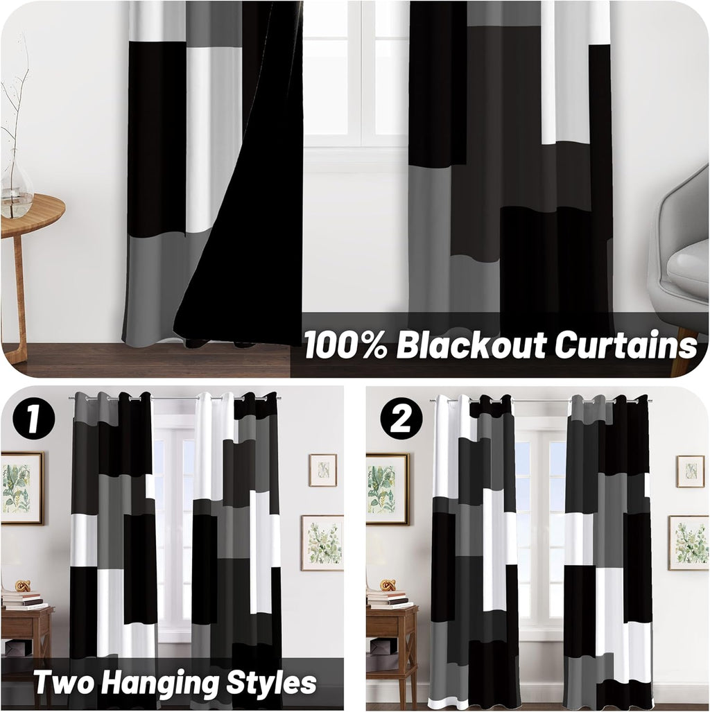 Grey Geometric Blackout Window Curtain Panels