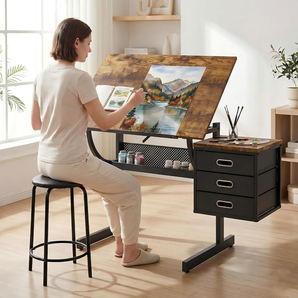 Wood Tilt Art Desk With Stool Three Drawers