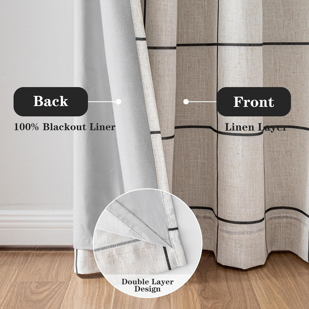 Black Plaid Linen Blackout Farmhouse Curtains