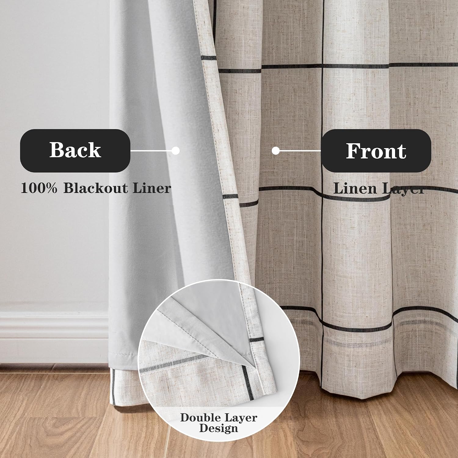 Black Plaid Linen Blackout Farmhouse Curtains