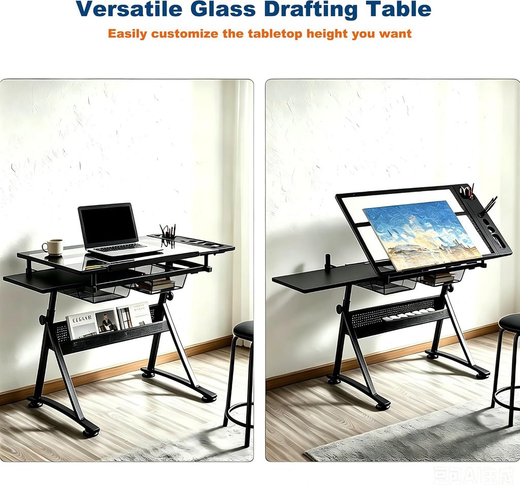 Black Tilting Glass Desk With Stool Drawers