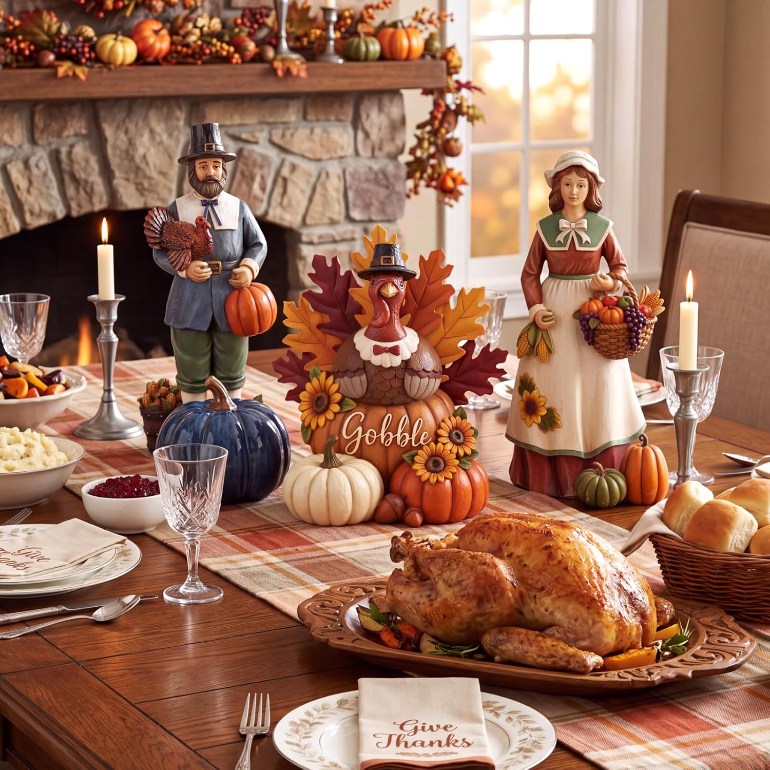 Resin Turkey Pilgrims Thanksgiving Fall Table Decor