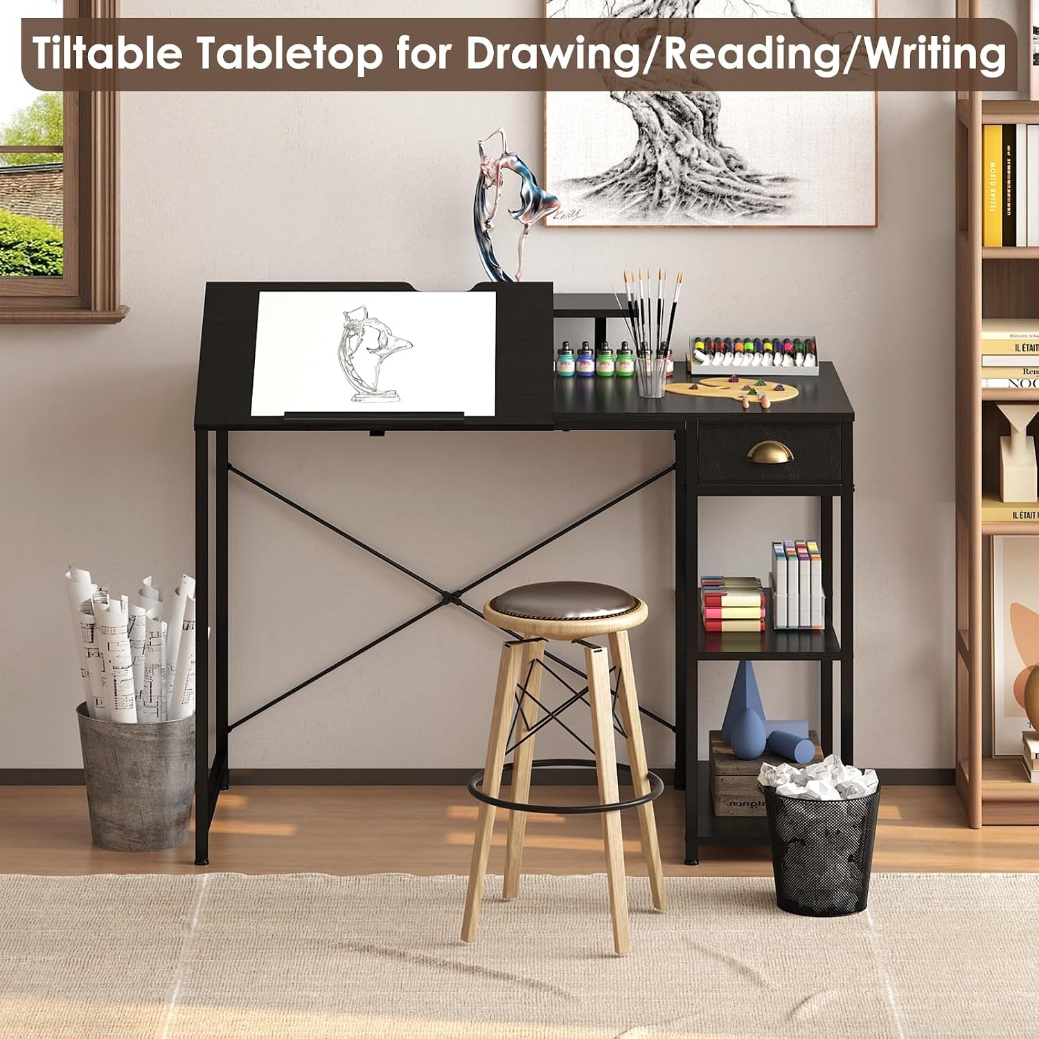 Adjustable Tilt Art Drafting Desk With Storage