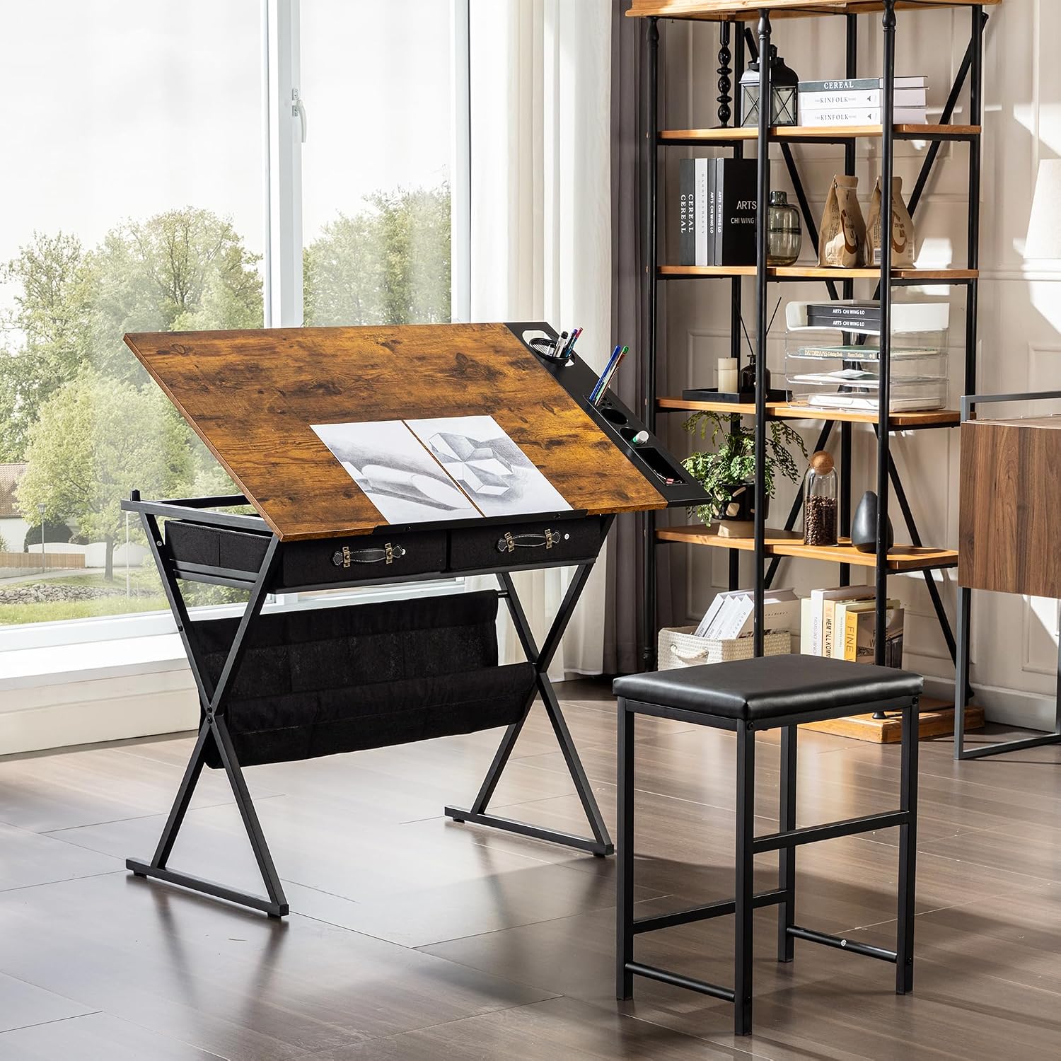 Rustic Brown Tilt Desk With Drawers Stool