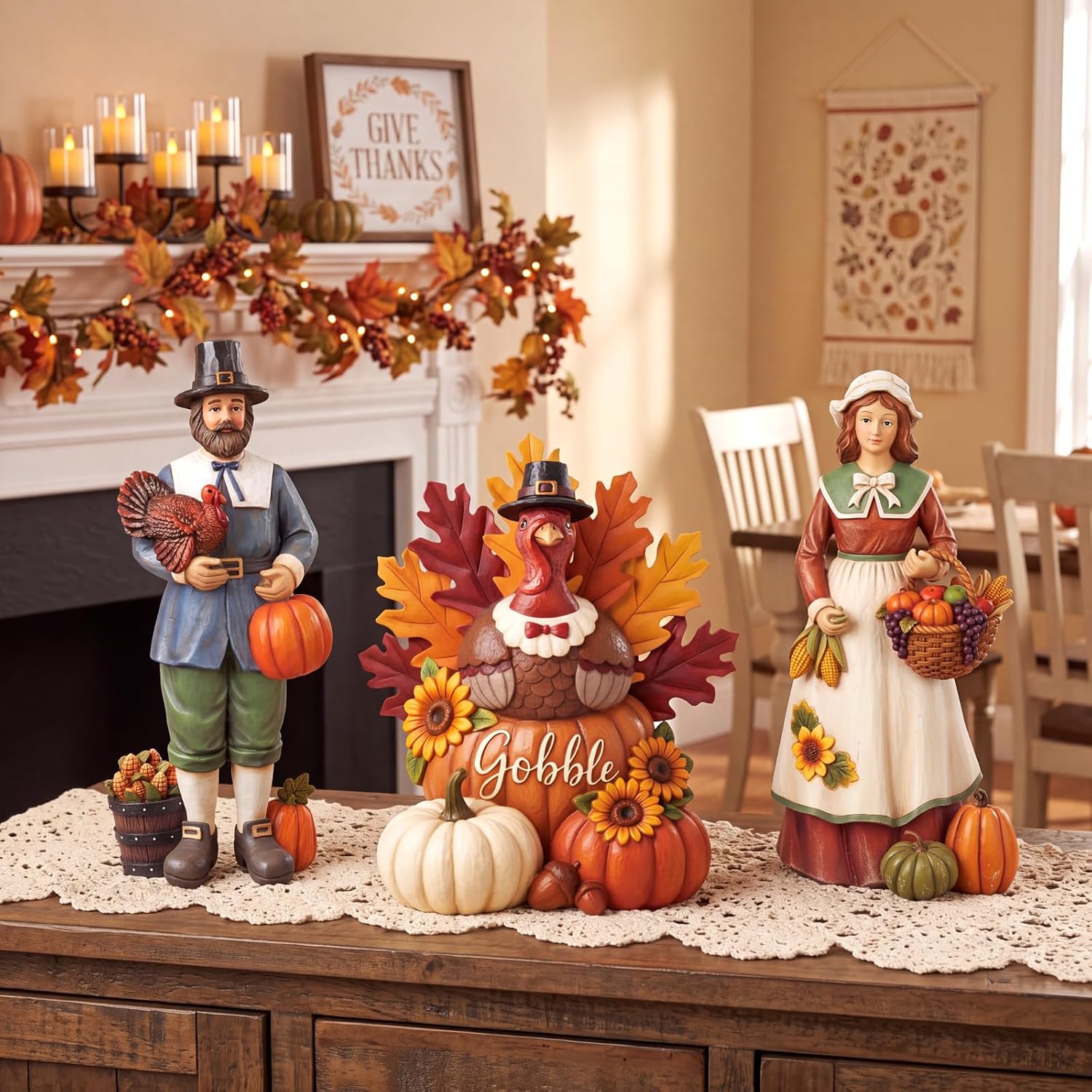 Resin Turkey Pilgrims Thanksgiving Fall Table Decor