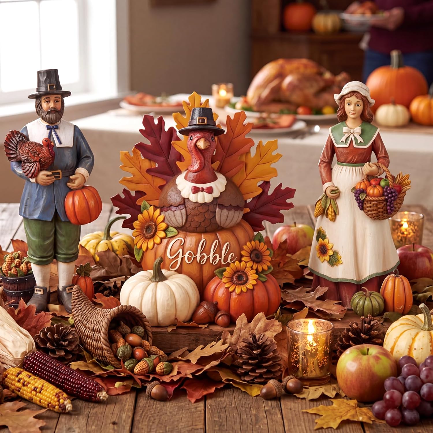 Resin Turkey Pilgrims Thanksgiving Fall Table Decor