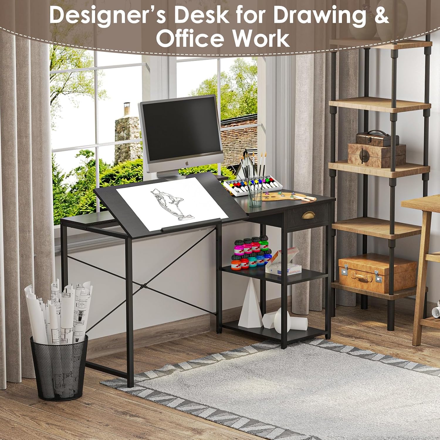 Adjustable Tilt Art Drafting Desk With Storage