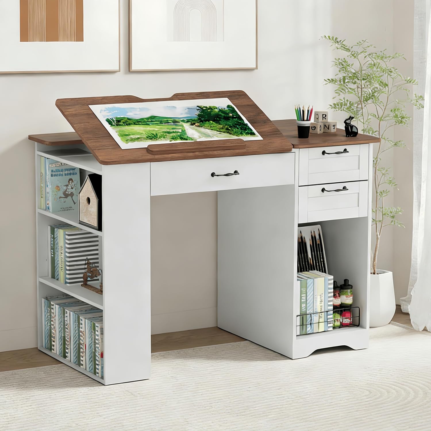 Adjustable Artist Desk with Cabinet Storage