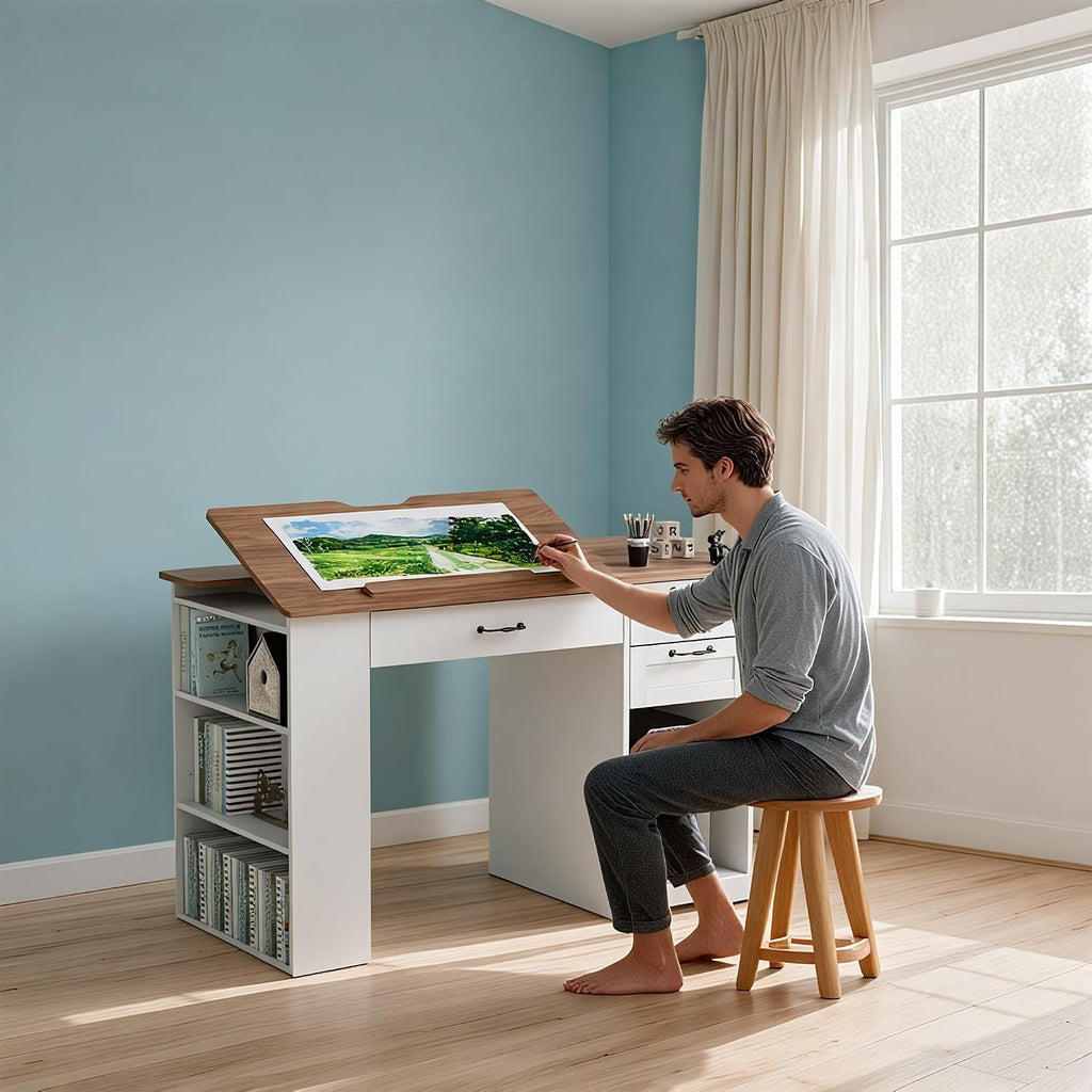 Adjustable Art Drafting Desk With Storage Cabinet