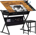 Rustic Brown Tilt Desk With Drawers Stool