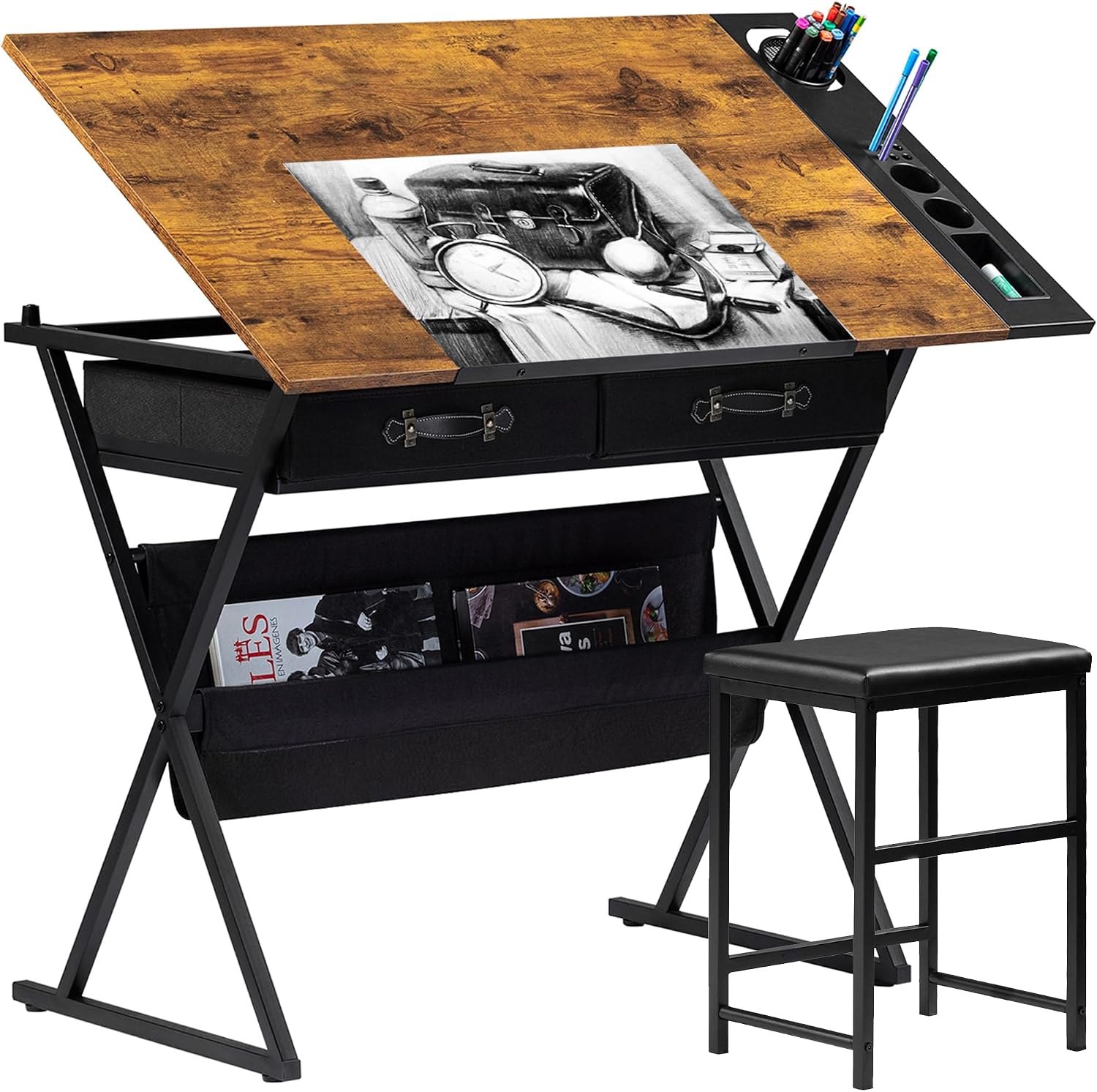 Rustic Brown Tilt Desk With Drawers Stool